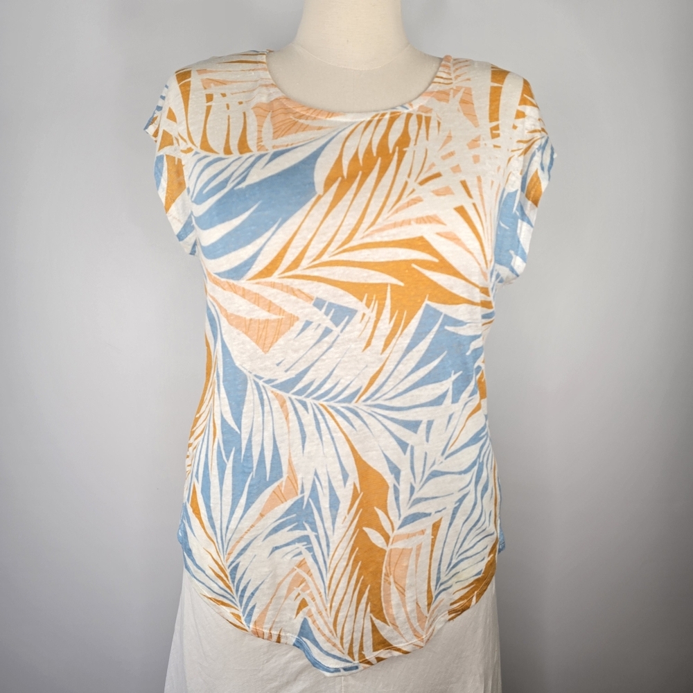 Cynthia Rowley 100% Linen Palm Print Top Blouse Blue Mustard White Size L